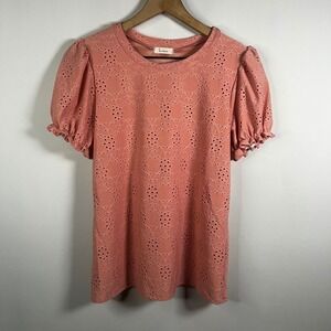 Les Amis Blouse Women Small Rose Pink Eyelet Detail Short Sleeve Puff Sleeve